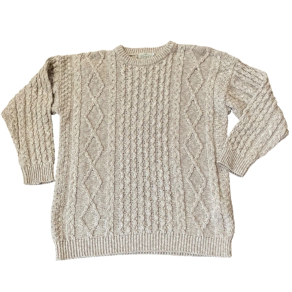 Tivoli Women Oatmeal Beige Cotton Linen Cable Knit Crew Neck Fisherman Sweater